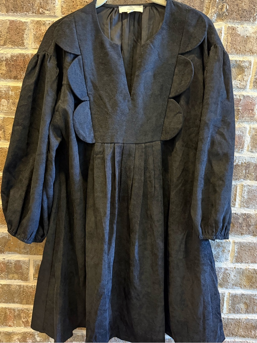 Entro Black Scallop Detail Textured Mini Dress Balloon Sleeve Boutique Size M